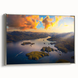 Landscape art painting of British Columbia on a framed canvas, featuring a vintage-style black border and colorful scenery.