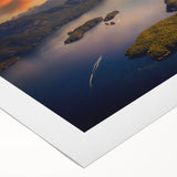 Art deco poster of British Columbia scenery in muted green and blue tones on rolled canvas.