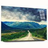 Large abstract depiction of Northwest Territories scenery on acrylic glass, in cool blue and green tones.