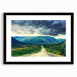 Colorful abstract art print of Northwest Territories scenery, framed in black with a mat, ideal for living room decor.