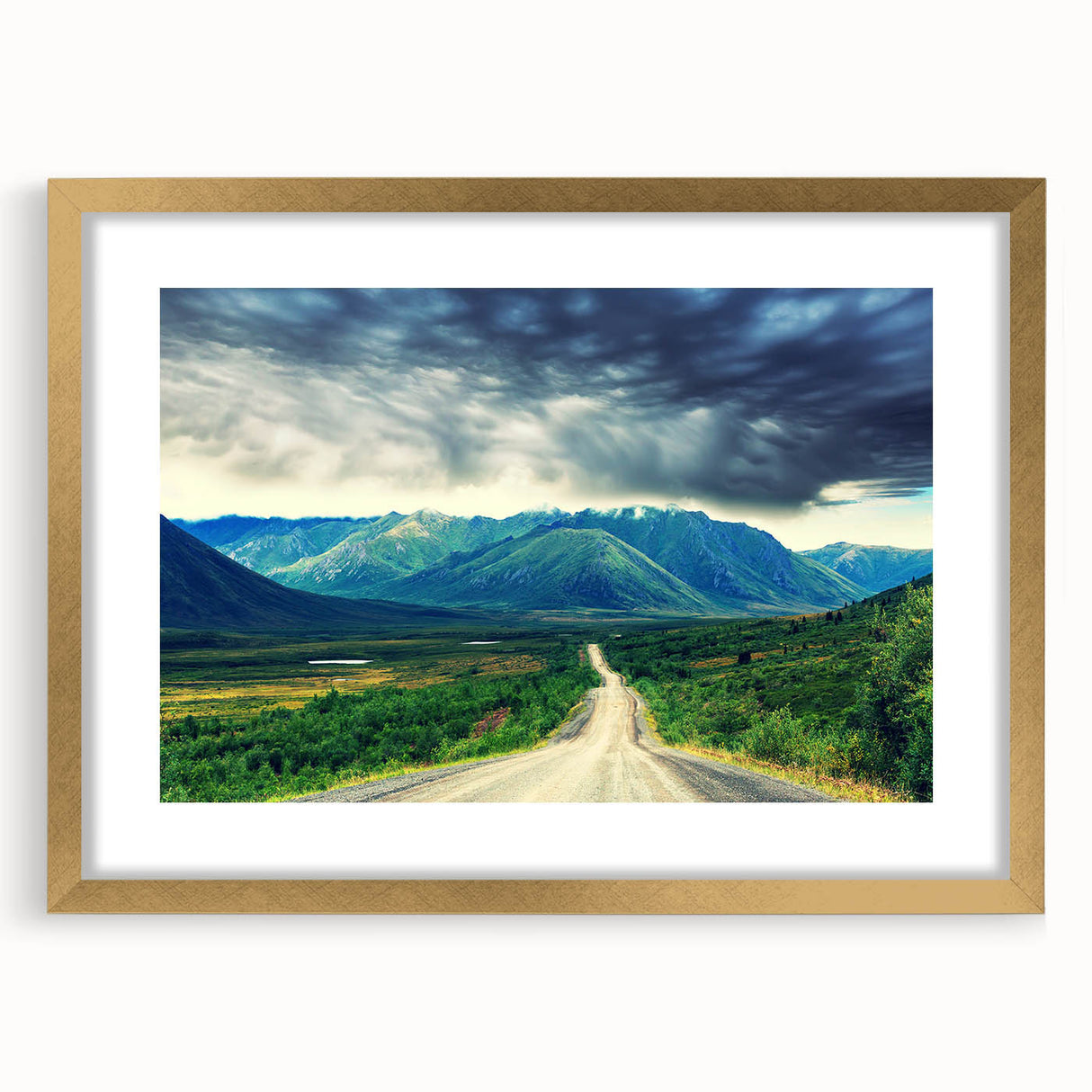 Extra large abstract art print of the Northwest Territories scenery in gold frame, ideal for living room decor.