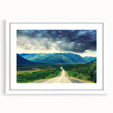 Abstract art print of the Northwest Territories in muted blue and green tones on a framed white mat.