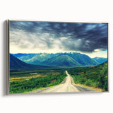 Framed canvas landscape art painting depicting the Northwest Territories in a vintage poster style with colorful art on…