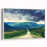 Vintage poster art of Northwest Territories scenery on framed canvas, featuring colorful art with black accents.