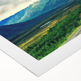 Art deco poster featuring a serene Northwest Territories landscape in muted green and blue tones on rolled canvas.