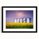 Abstract art print featuring a colorful, textured landscape of Saskatchewan on a large framed canvas.