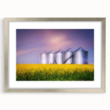 Abstract textured art print of Saskatchewan scenery in muted earth tones, framed with a silver mat, ideal for bedroom decor.