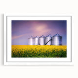 Abstract art print of a serene Saskatchewan landscape in muted earth tones on a framed white canvas.