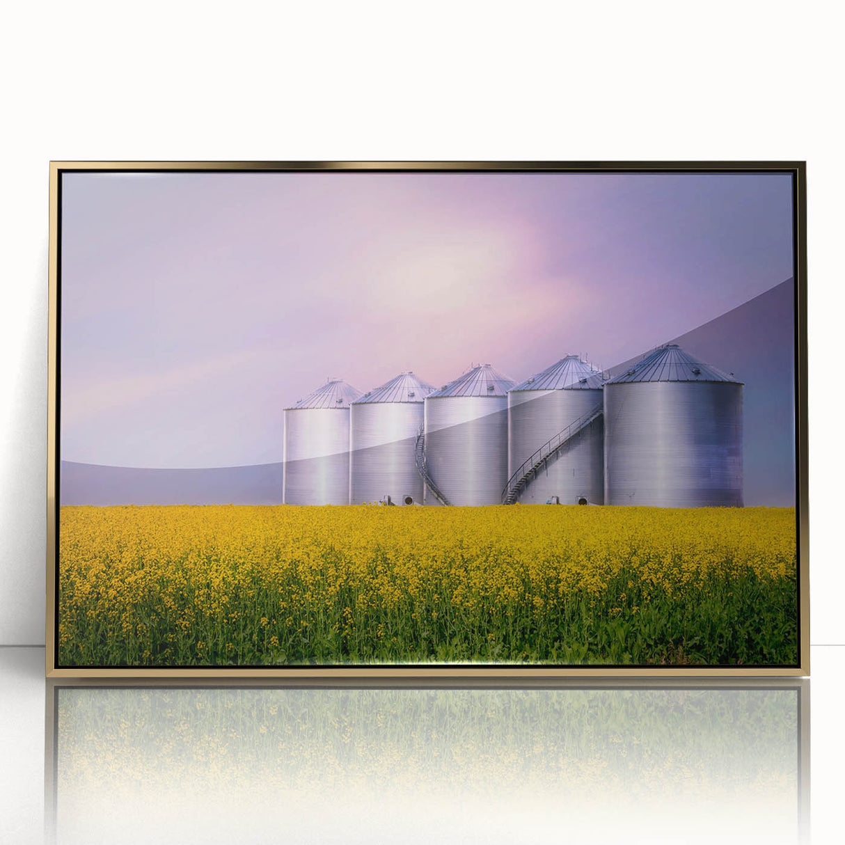 Mid-century modernist style large art print of a Saskatchewan landscape, in vibrant green and gold tones on framed acrylic.