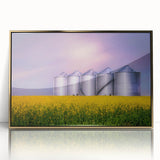 Mid-century modernist style large art print of a Saskatchewan landscape, in vibrant green and gold tones on framed acrylic.