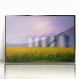 Mid-century modernist art depicting Saskatchewan scenery in muted earth tones on a silver-framed acrylic print.