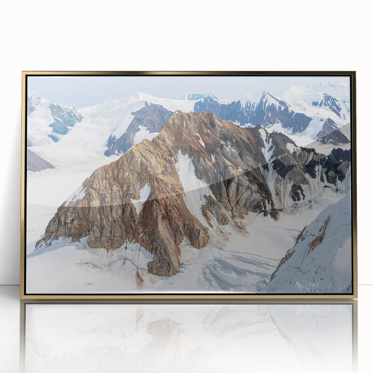Large art print of Yukon scenery in gold acrylic frame, mid-century modernist, ideal for modern art wall decor.
