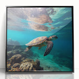 Large abstract wall art depicting a Caribbean Aruba scenery in vibrant blues and greens on a framed acrylic.