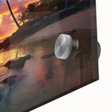 Mid-century modernist large abstract wall art depicting Caribbean scenery in vibrant blue and green tones on acrylic glass.