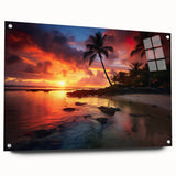 Acrylic print of a Caribbean scenery with vivid blue ocean and sky, ideal for dining room decor.