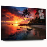 Large abstract wall art depicting Caribbean scenery in vibrant blues and greens on acrylic glass.