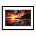 Extra large abstract art print of a colorful Caribbean scenery on a textured canvas, framed in black.