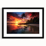 Extra large abstract art print of a colorful Caribbean scenery on a textured canvas, framed in black.