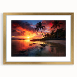 Abstract art print of Caribbean scenery in gold frame, featuring muted blue and green tones, ideal for dining room decor.