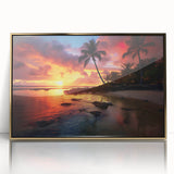 Art deco poster of a Caribbean scenery in gold framed acrylic, with vibrant blue and green tones.
