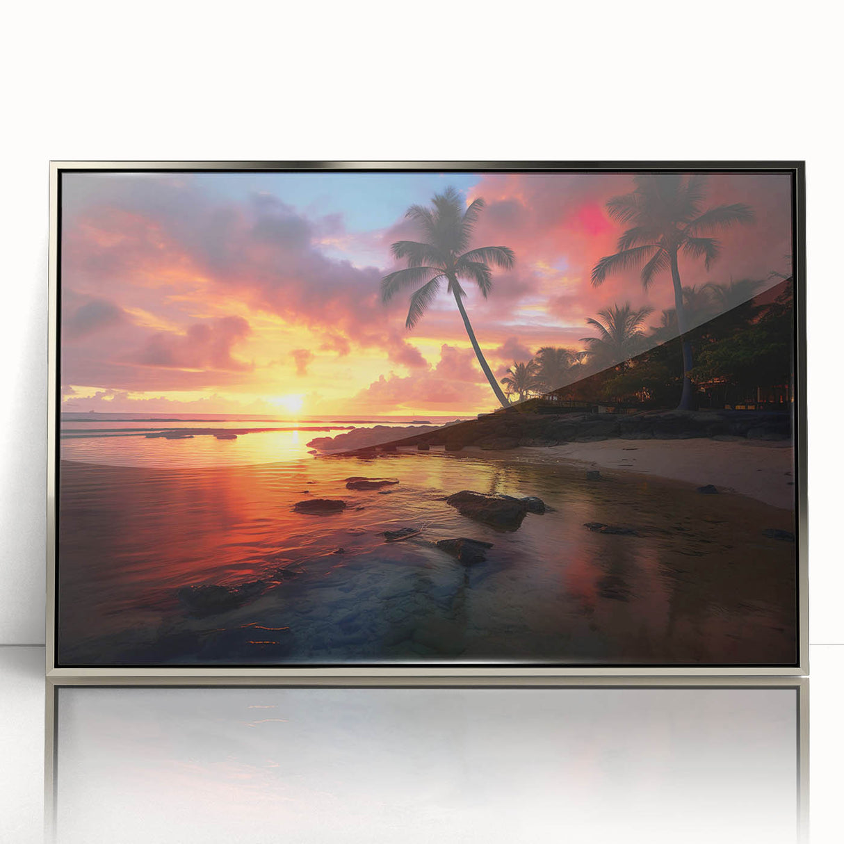 Large art print of a Caribbean beach scene in mid-century modernist style on framed acrylic, with soft blue and sandy tones.