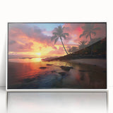 Mid-century modernist art of a Caribbean scenery in pastel shades on a framed acrylic, ideal for nursery wall art.