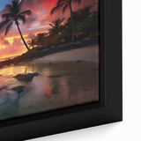 Close-up of textured black wall art featuring a vibrant Caribbean scenery on a framed canvas, ideal for living room decor.