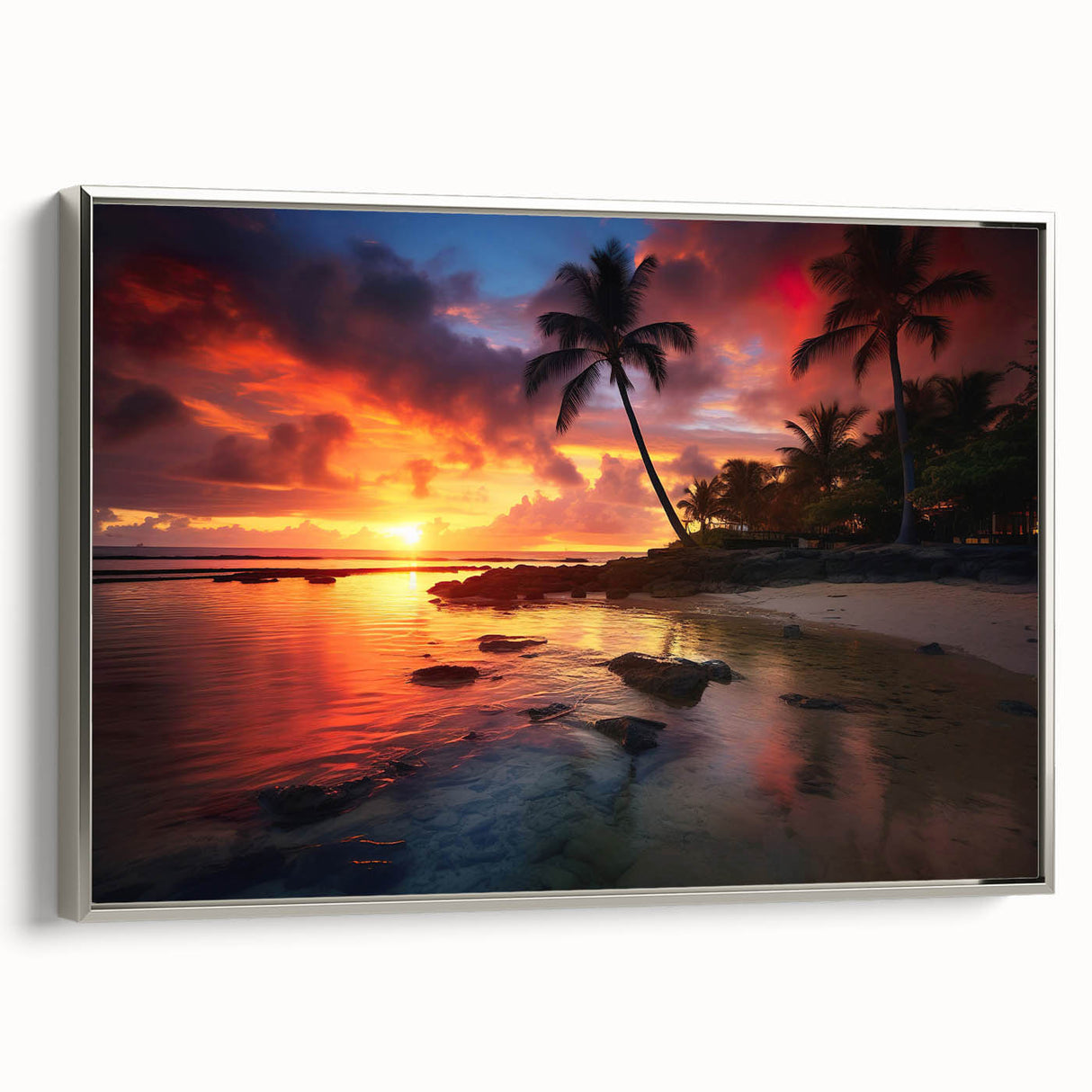 Framed canvas landscape art painting depicting the Caribbean Bahamas in vibrant colors, ideal for living room decor.
