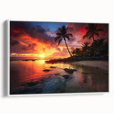 Vintage poster art of a Caribbean scenery on a framed canvas, featuring vibrant blue and green tones.