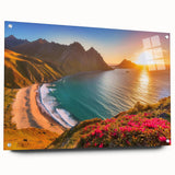 Acrylic print of a Caribbean Barbados scenery with vibrant blue and green tones, suitable for bedroom or dining room decor.