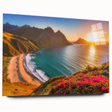 Large abstract wall art of a Caribbean scenery in blue and green hues on acrylic glass.