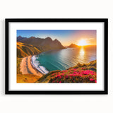 Extra large abstract art print of a vibrant Caribbean scenery on textured canvas, framed in black.