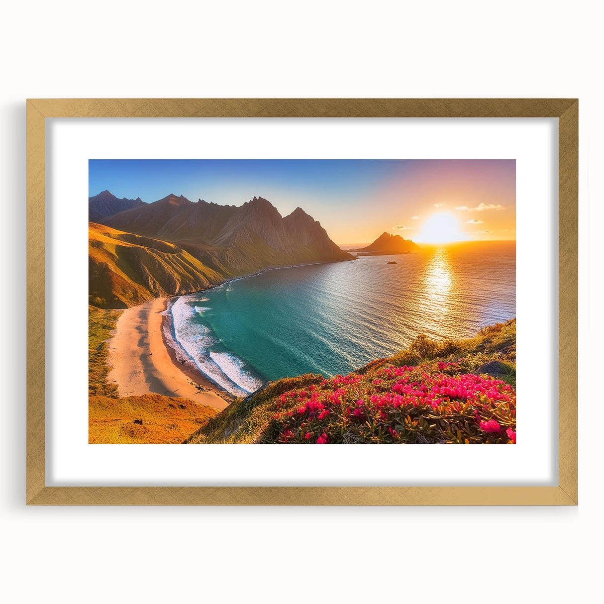 Abstract art print of a Caribbean scenery in muted blue and green tones, framed in gold, ideal for dining room decor.