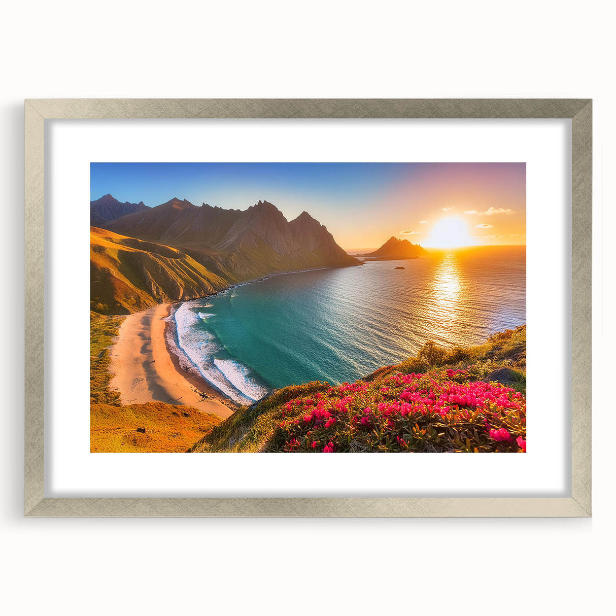Textured abstract art print depicting a Caribbean scenery in muted blues and greens, framed in silver.