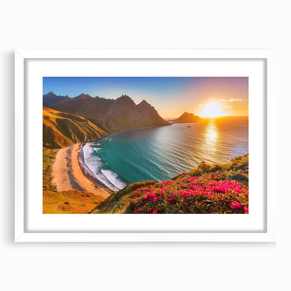 Extra large abstract art print of Caribbean scenery in vibrant blues and greens, framed with a white mat.