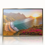 Art deco poster featuring a Caribbean Barbados scenery in vibrant blues and greens on a framed acrylic.