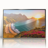 Framed acrylic print of a Caribbean beach scene in muted blue and sandy tones, ideal for modern art wall decor.