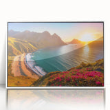 Mid-century modernist art of a Caribbean Barbados scenery in muted blue and green tones on a framed acrylic print.