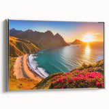 Framed canvas landscape art painting depicting a vibrant Caribbean scene, ideal for enhancing a living room's decor.