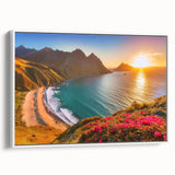 Vintage poster art of a Caribbean Barbados scenery on framed canvas, featuring colorful art with black borders.