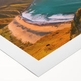 Art deco poster featuring a serene Barbados beach scene in muted pastel colors on rolled canvas.