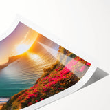 Extra large wall art depicting a Caribbean scenery with floral and line art flowers, in vibrant colors on a rolled print.