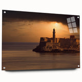 Large abstract wall art depicting Caribbean scenery on acrylic glass, with vibrant blue and green tones.