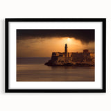 Colorful abstract art print of a Caribbean scene, in a black frame, perfect for living room decor.