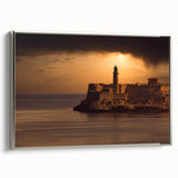 Framed canvas featuring a vintage-style landscape painting of a Caribbean scene, with muted earth tones.