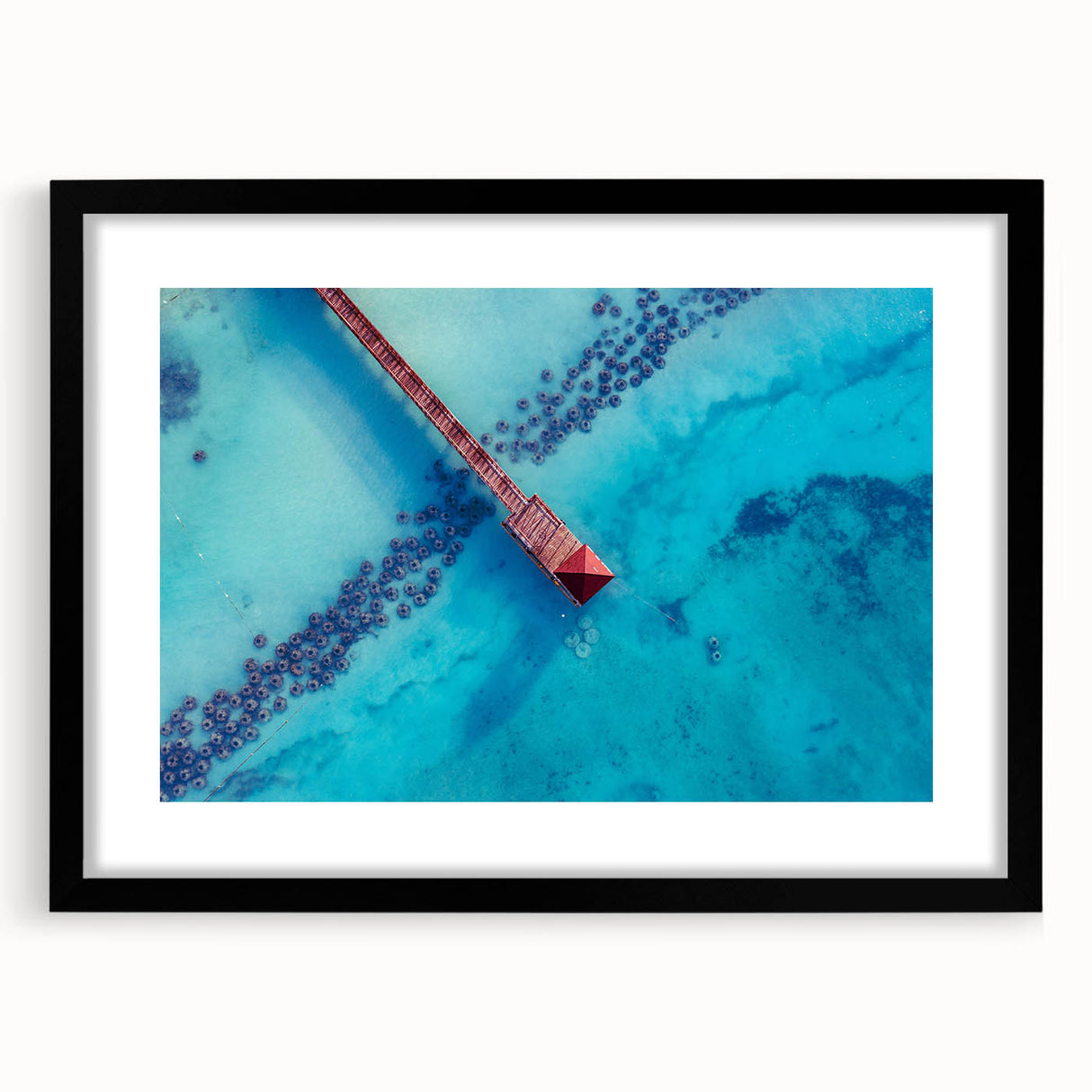 Extra large abstract art print with vibrant Caribbean-inspired colors on textured canvas, framed in black.