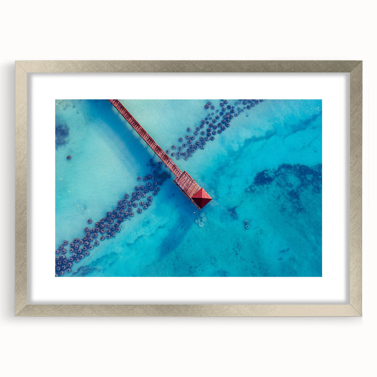 Extra large abstract art print featuring a textured Caribbean scenery in a silver frame, ideal for living room decor.