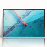 Art Deco style poster featuring a Caribbean scenery in muted blue and green tones, framed acrylic.