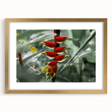 Abstract art print of a Caribbean scenery in muted blue and green tones on a framed canvas, ideal for dining room decor.