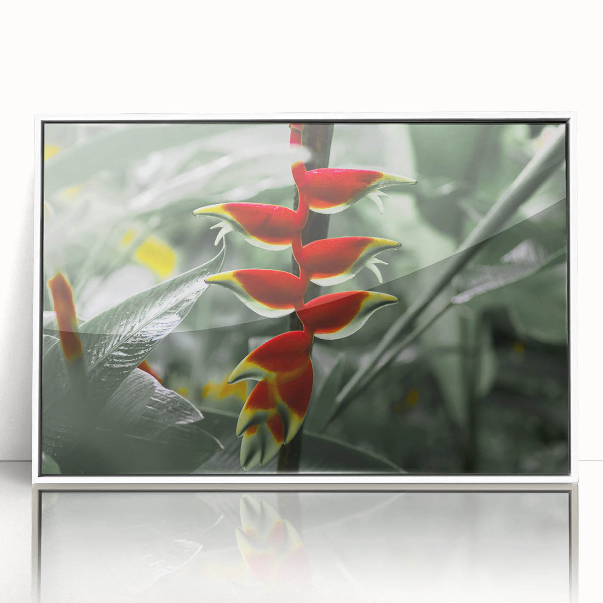 Mid-century modernist art depicting Caribbean scenery on a framed acrylic, with vibrant blue and green tones.